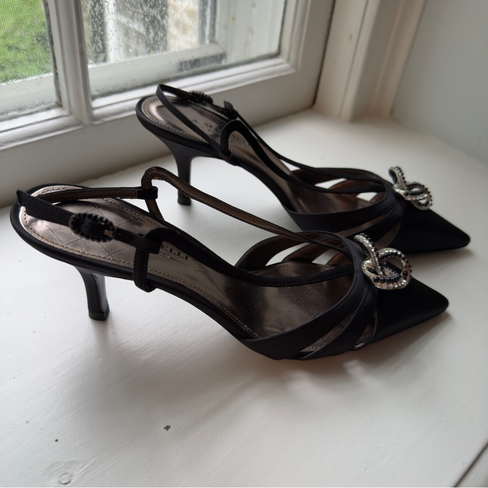 🔥 A. Marinelli Black Satin Embellished Slingback Heels 🔥